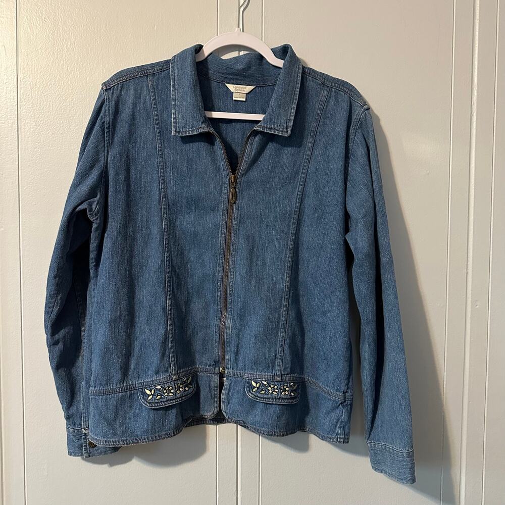 Christopher & banks Women's Medium Wash Embroidered Denim‎ Zip up Jacket Size L